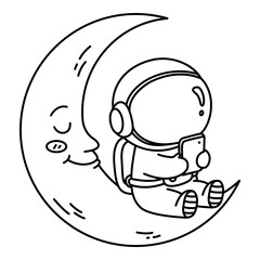 Cute Astronaut Using Smartphone on the Moon. Astronaut icon in line style