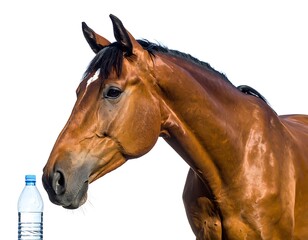 A brown horse stares inquisitively at a clear plastic bottle of water against a bright white background