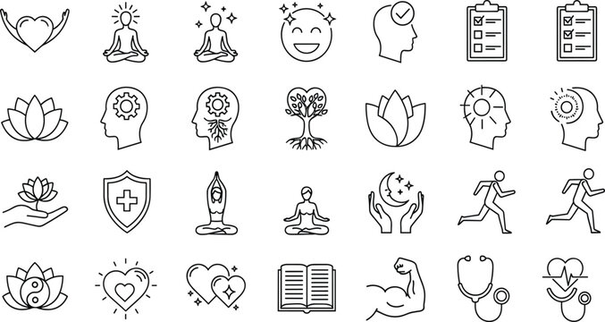 Set of wellness icons, meditation symbols, mental health elements, yoga poses, heart care, lotus flower, mindfulness, healthy lifestyle, medical insurance, and self-care outline vector (21 words)