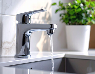 Polished chrome kitchen faucet with a steady stream of clear water flowing into a dark sink with a green plant in the