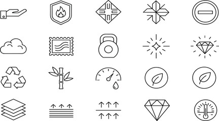 Title (20 Words) Fabric properties and material features vector icon set, featuring waterproof, fireproof, eco friendly, breathable, and textile symbols in outline.