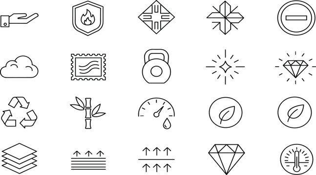 Title (20 Words) Fabric properties and material features vector icon set, featuring waterproof, fireproof, eco friendly, breathable, and textile symbols in outline.