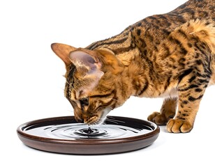 A brown, spotted cat bends to drink water from a brown, shallow dish against a white background