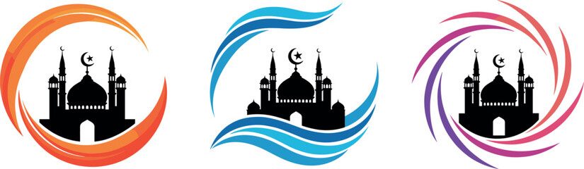 Dynamic swirl frame Ramadan mosque vector illustration set for modern Islamic festival design