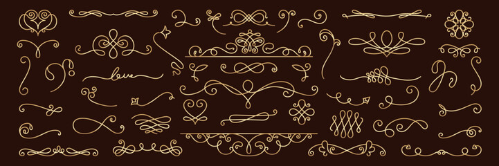 Fototapeta premium Elegant vintage flourishes and swirls on a brown background. Decorative flourishes, swirls, and ornate elements for vintage design. Flourishes and swirls for decoration. Hand drawn ornament vector set