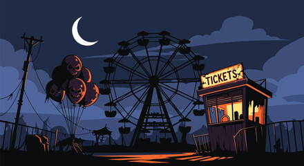 Vector illustration of an abandoned carnival at night with broken ferris wheel and eerie silence, perfect for spooky Halloween and mystery themes in flat vector style