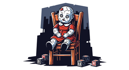 Vector illustration of a creepy doll sitting alone in a dark room, creating an unsettling horror mood while remaining playful and microstock-safe in flat vector style
