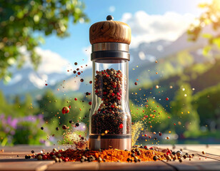 Tall glass pepper mill filled with colorful peppercorns and scattered spices on a rustic wooden table with mountains
