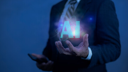 Businessman holding Artificial Intelligence brain analysis information. concept of artificial intelligence, innovation, future technology, machine learning, data analysis, and smart business solutions