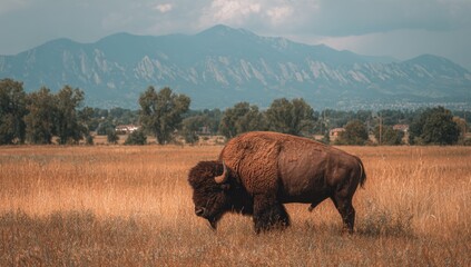 A lone, massive bison grazes in a field, with mountains and cloudy sky in the background