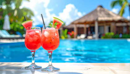 Two Vibrant Red Watermelon Cocktails with Watermelon Slices and Mint by a Sparkling Blue Swimming Pool with a
