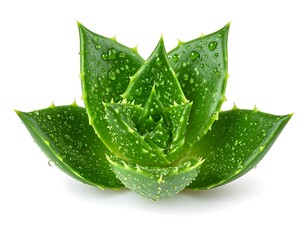 A vivid, close-up studio shot of a fresh, green aloe vera plant with water droplets, isolated on a white backdrop