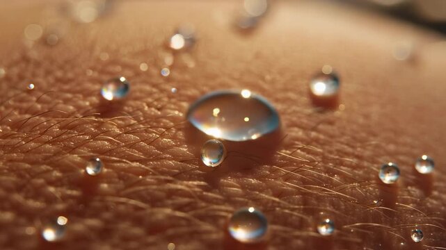 Extreme macro of sun-kissed skin with tiny droplets of seawater, sunlight reflecting off the moisture, glowing and healthy summer texture.