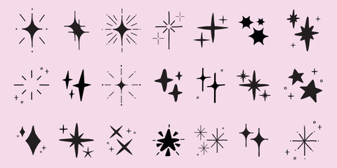A collection of black star and sparkle icons on a pink background. Various star shapes and sparkles are arranged in rows, creating a decorative pattern. Element vector set.