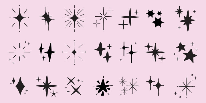 A collection of black star and sparkle icons on a pink background. Various star shapes and sparkles are arranged in rows, creating a decorative pattern. Element vector set.