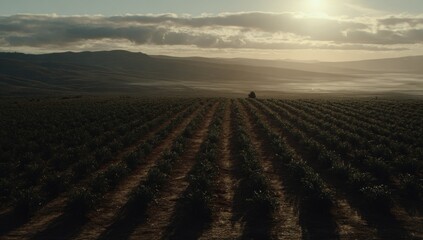 Vast field with cultivated rows, bathed in morning sunlight, mountains in the distance