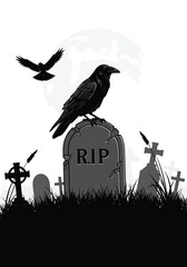 Obraz premium Vector illustration of a raven perched on a tombstone under the moon, creating gothic horror atmosphere in elegant flat vector illustration style