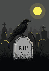 Obraz premium Vector illustration of a raven perched on a tombstone under the moon, creating gothic horror atmosphere in elegant flat vector illustration style