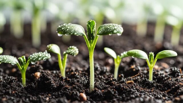  Macro time-lapse of a seedling growing from dirt, bright green microgreens developing steadily, nutritious superfood idea, minimal composition, soft shadows, clean natural look.