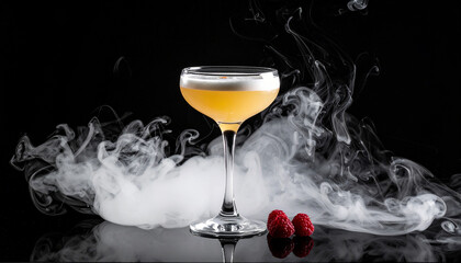Yellow cocktail in a coupe glass surrounded by swirling white smoke and raspberries drink