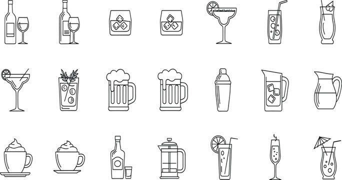 Vector Set of Drink and Beverage Line Icons for Bar Menu, Alcohol Cocktails, Beer, Wine, Coffee, and Summer Party Projects.