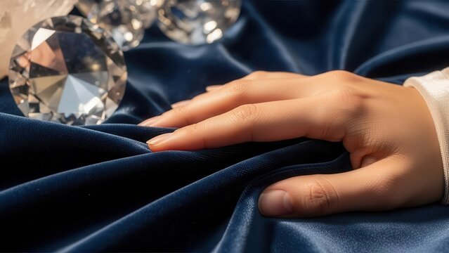 Hand touching blue velvet fabric with diamonds.