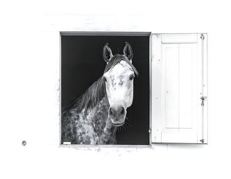 A dapple-grey horse peers out from a white-framed window with an open shutter; bright contrast