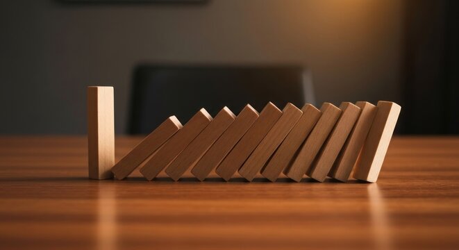 Wooden blocks arranged in a line on a table, ready to topple in a chain reaction
