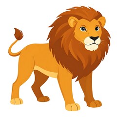 A cartoon lion with a golden mane stands with a bushy tail isolated against a white background