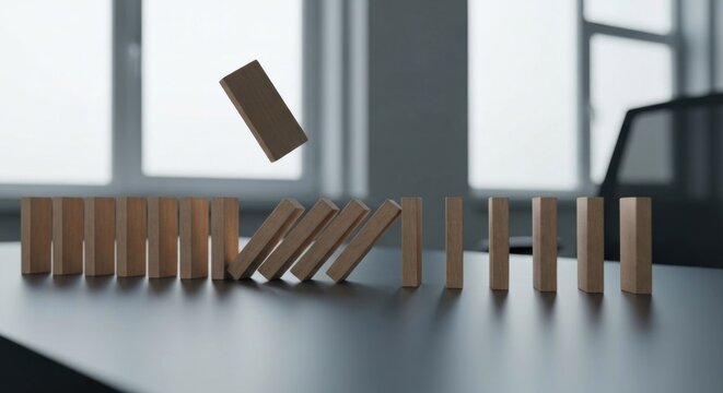 Wooden dominoes falling in a chain reaction on a black surface, window in background