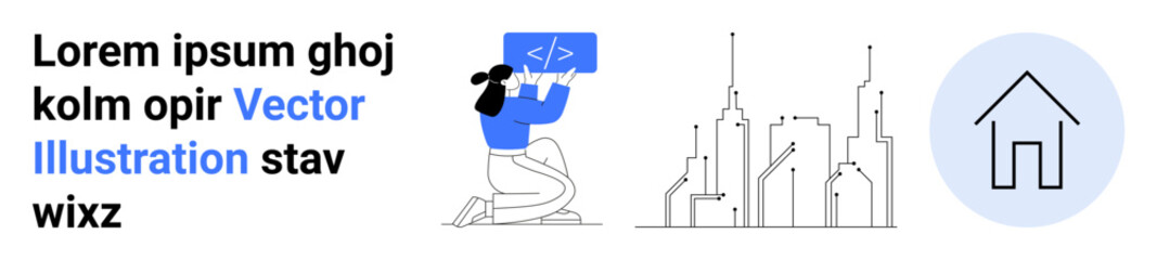 Technology, urban planning, real estate, coding, modern cities, home ownership. Woman coding on laptop, cityscape home icon. Technology and urban planning concept