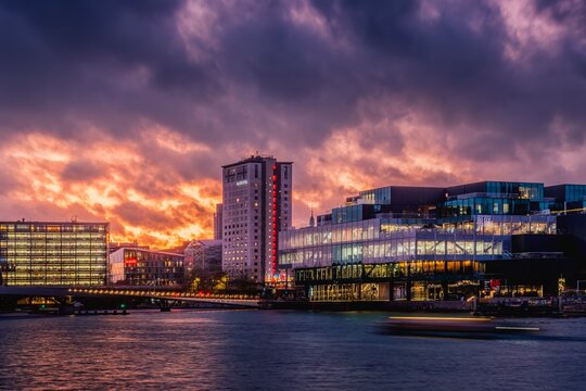 Modern Architecture Of BLOX Building And Lille Langebro Bridge At Sunset, Copenhagen Waterfront