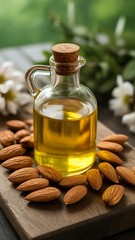 Warm almond oil in glass bottle surrounded by almonds on wooden board