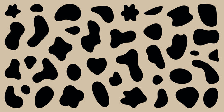 Abstract black shapes on a beige background. Organic shapes create a modern, artistic pattern. Black shapes contrast with beige, forming a unique abstract design. Black shape vector set.