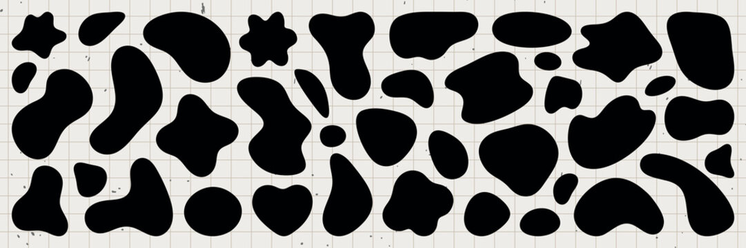Abstract black shapes on a grid background. Various shapes, abstract forms, and black patterns create a unique design. Abstract shapes, black shapes, grid layout. Black shape vector set.