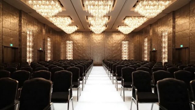 Luxurious conference hall with rows of chairs and chandeliers.