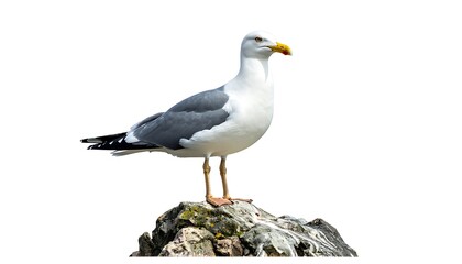 A seagull with white and gray plumage stands atop a mossy rock, isolated on a clear background