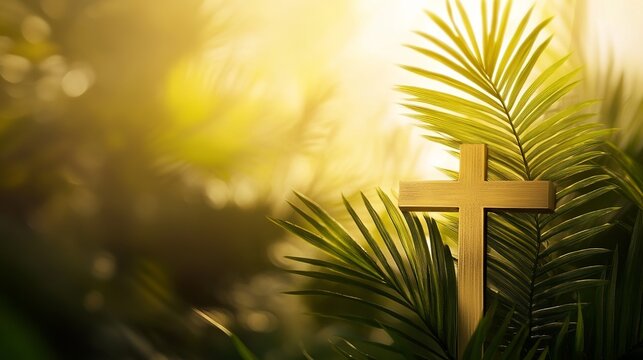A serene Christian symbol surrounded by lush greenery and warm sunlight on Palm Sunday morning