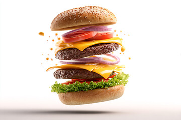 Delicious double cheeseburger with lettuce tomato and onion flying in mid air
