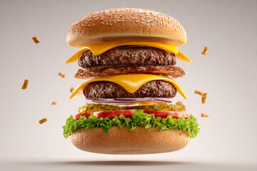Delicious double cheeseburger with lettuce and tomato flying high