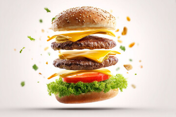 Delicious cheeseburger with lettuce and tomato flying in mid-air