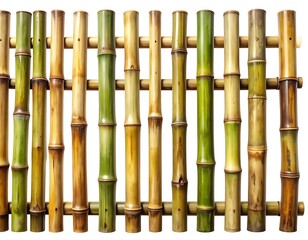 A section of bamboo fence with varied green and brown tones, arranged horizontally and secured