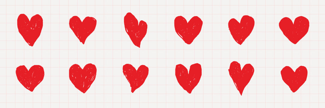 Pattern of red hearts on a grid background. Red hearts repeat in rows. Simple red heart design. Red hearts on grid. Heart pattern in red. Cute hand drawn Valentine's Day vector set.