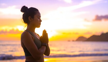 Serene Woman Meditating on Beach at Sunset.