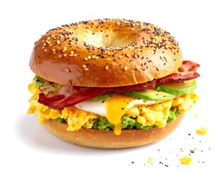 A sesame bagel sandwich filled with eggs, avocado, and bacon sits against a white backdrop