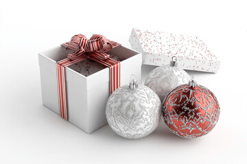 Beautifully decorated Christmas ornaments and gift box on white background