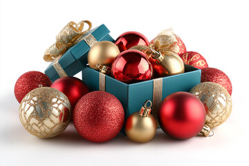 Vibrant Christmas ornaments spilling out of elegant blue gift boxes