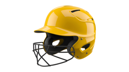 Yellow baseball helmet with black face cage and ventilation holes isolated on transparent white background