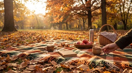 Fototapeta premium Photorealistic autumn picnic scene with apples, tea cups, fall leaves, warm sunlight, natural textures, cozy atmosphere, shallow depth of field, professional lifestyle photography, cinematic realism