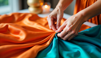 Woman arranging colorful luxurious silk fabric with hands indoors  
